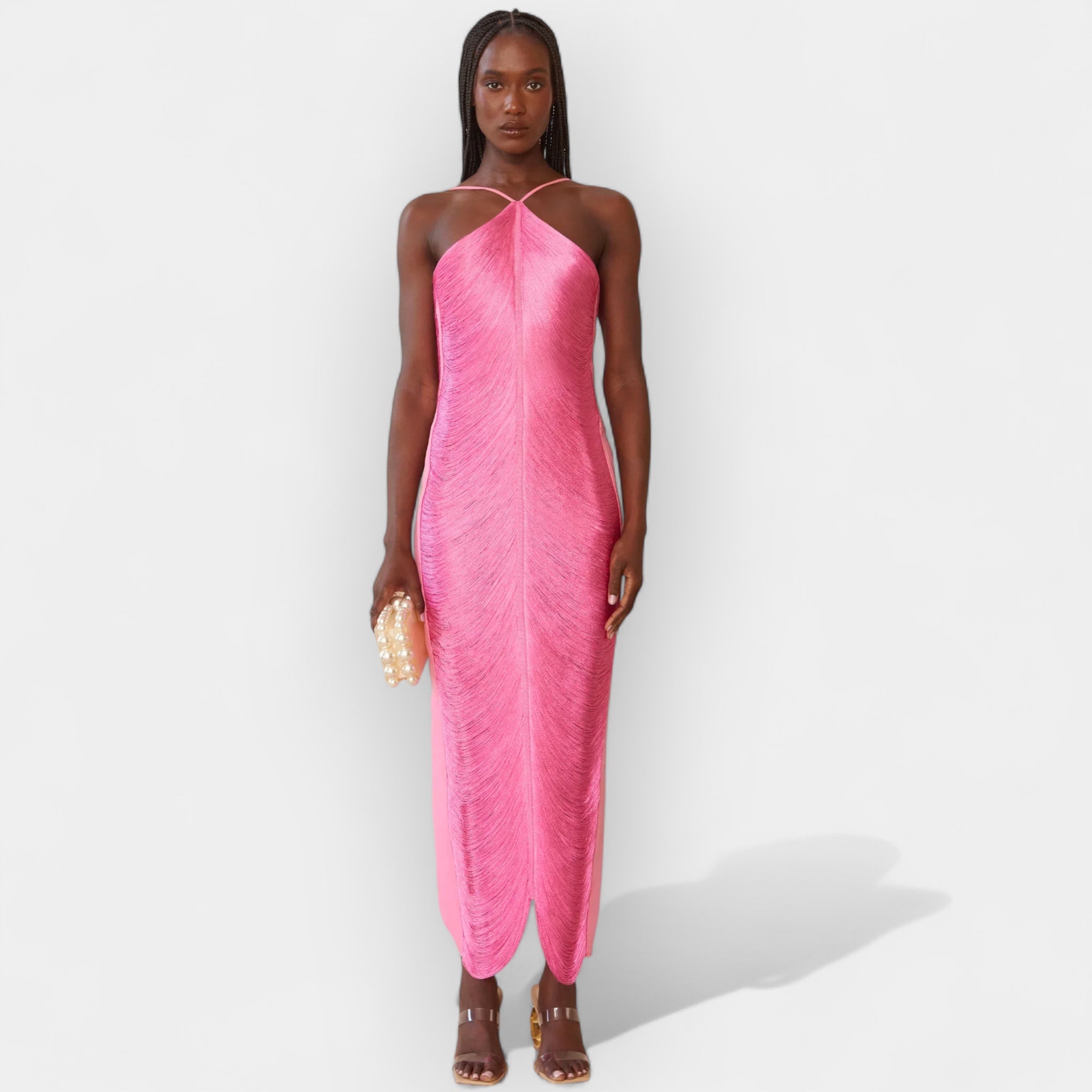 Vestido midi con flecos dorados