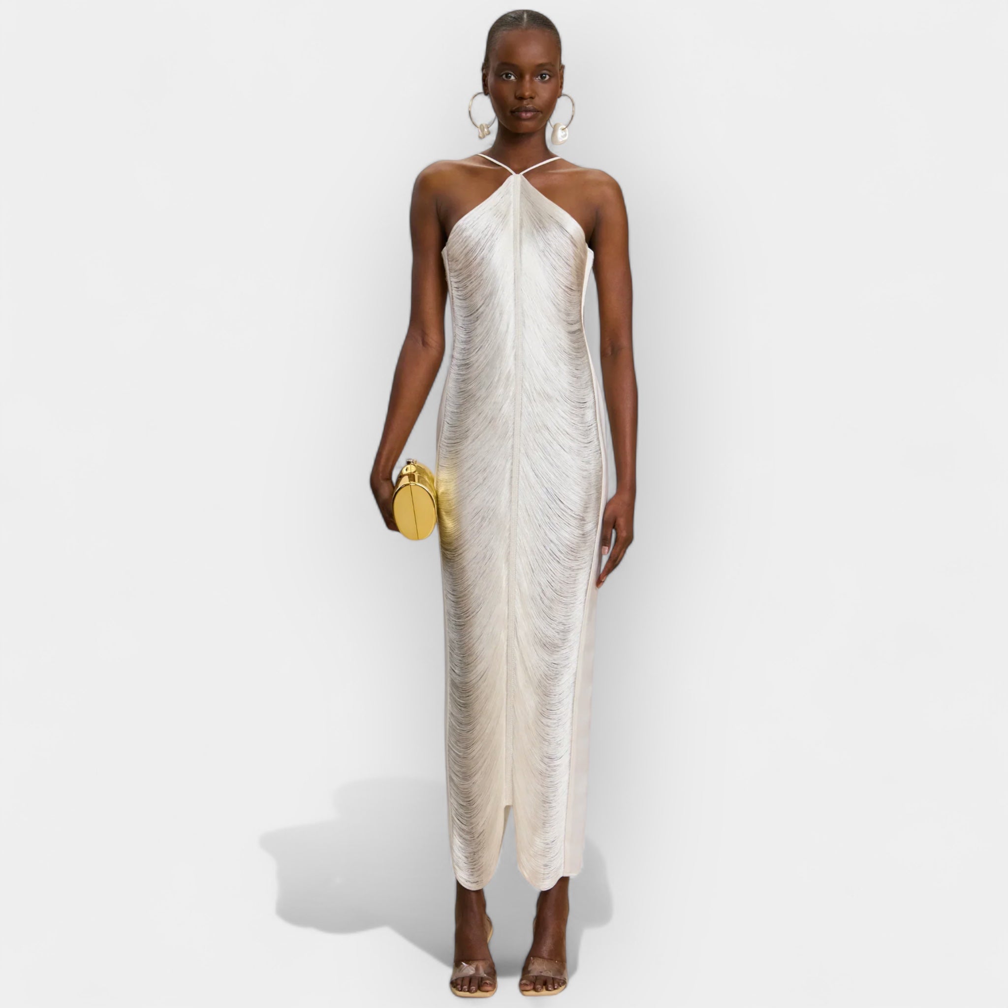 Vestido midi con flecos dorados