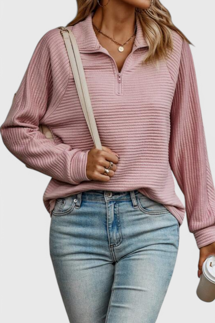 Jersey Helene Chic Con Cuello En V Y Cremallera Manga Larga