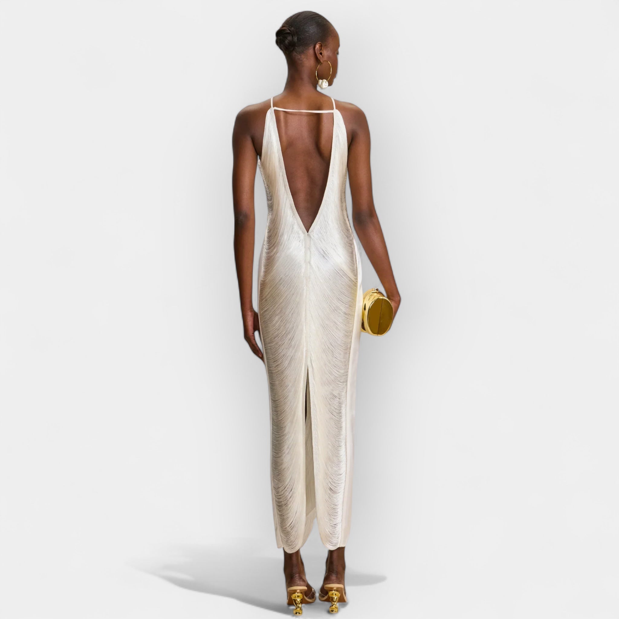 Vestido midi con flecos dorados