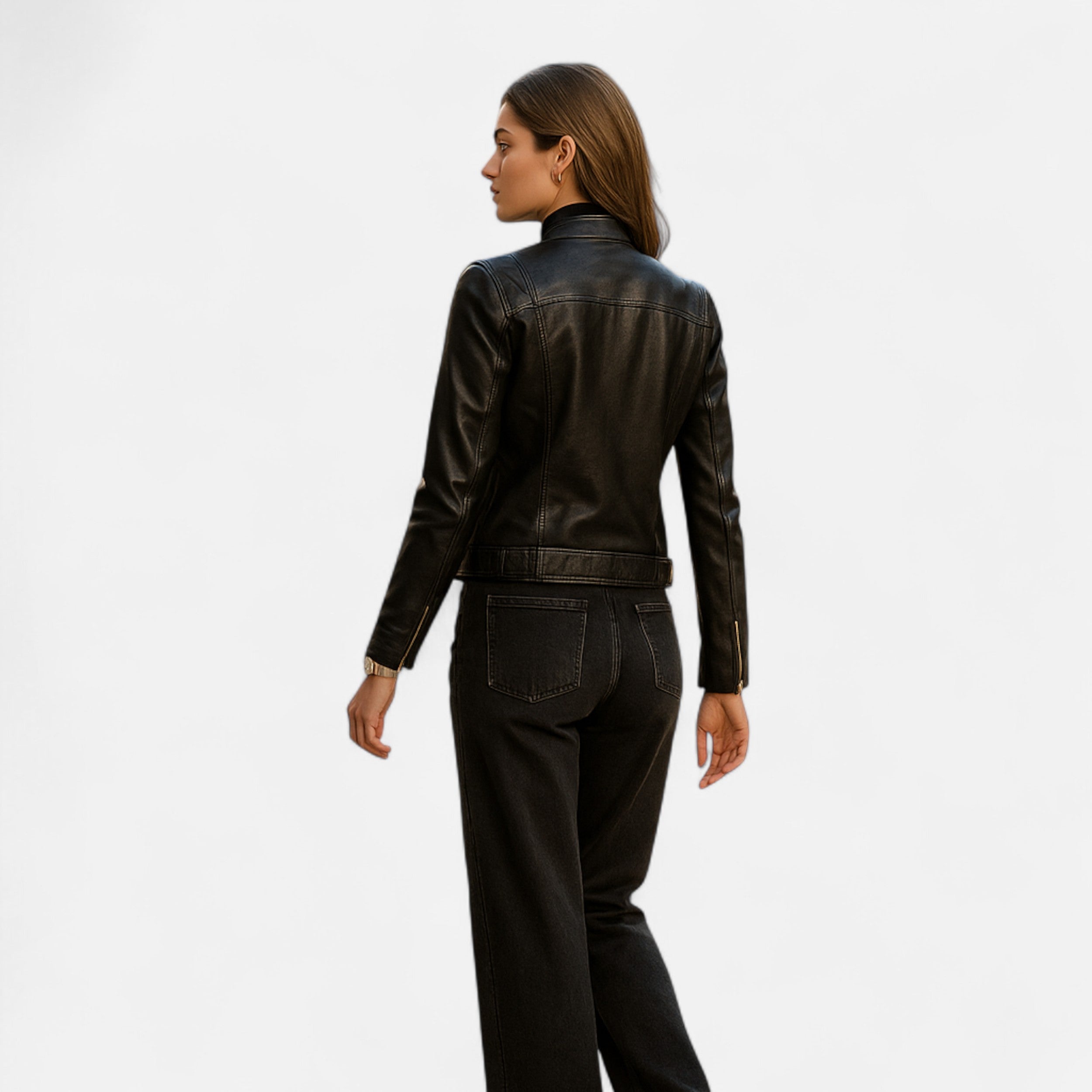 Chaqueta Corta Mujer Cuero PU Cuello Alto con Cinturón